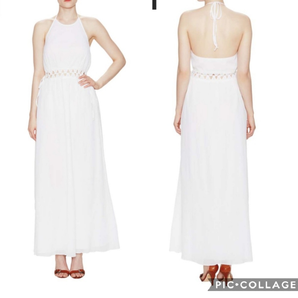 Susan Monaco halter white maxi dress cutout waist